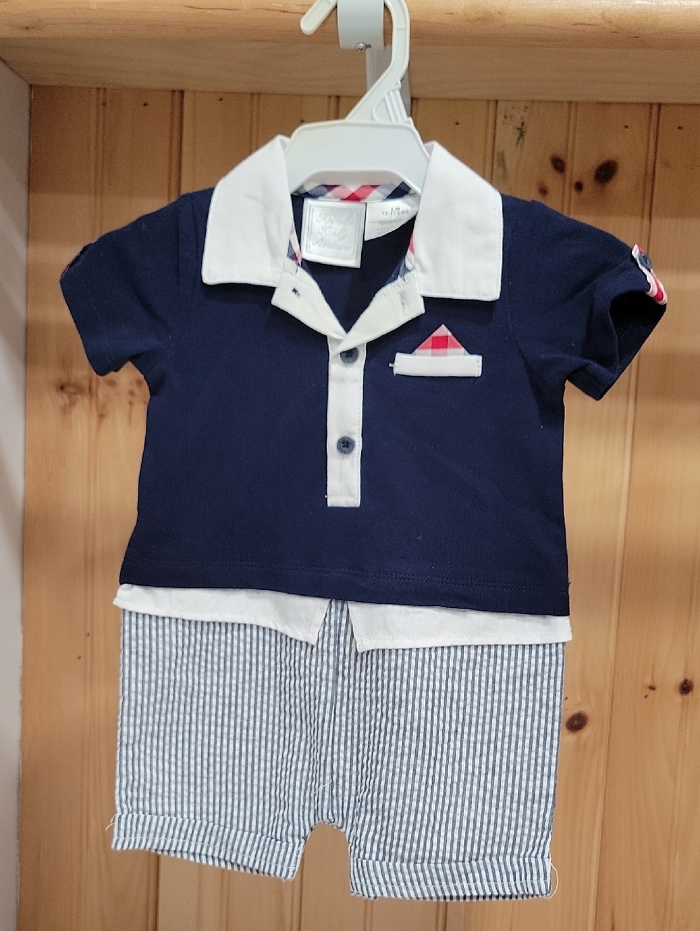 Navy Polo-Style Romper with White Collar and Plaid Accent